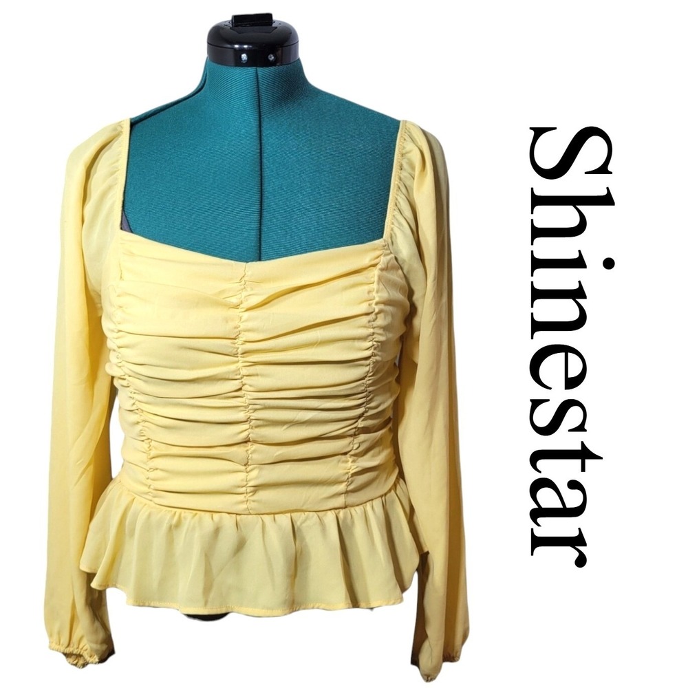 Shinestar Blouse Large Yellow Chiffon Peplum‎ Ruched Square Neck Long Sleeve